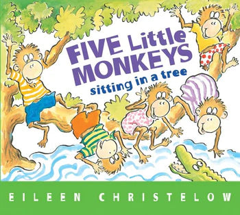 Book cover of 'Five Little Monkeys Sitting in a Tree' by Eileen Christelow with monkeys on a tree branch.