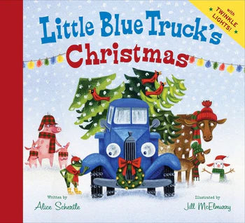 Book cover of 'Little Blue Truck's Christmas' with a blue truck, trees, and animals on a snowy background.