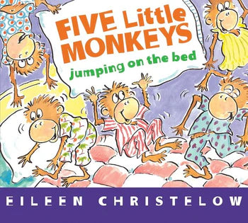 Book cover of 'Five Little Monkeys Jumping on the Bed' by Eileen Christelow with cartoon monkeys.
