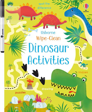 Wipe-clean dinosaur activities book with colorful illustrations of dinosaurs on a yellow background.
