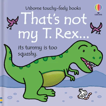 Book cover of 'That's not my T. Rex' with a green dinosaur illustration on a blue background.