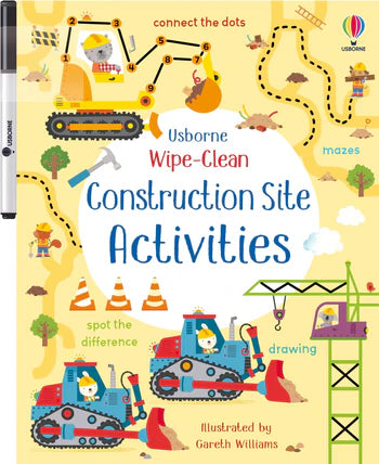 Wipe-clean activity book for children with construction site theme, featuring illustrations of construction vehicles and workers.