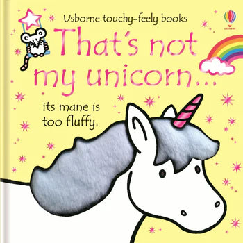 Book cover of 'That's not my unicorn' with a unicorn illustration and colorful text.