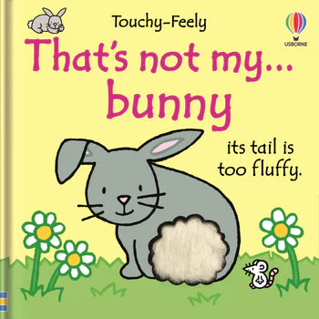 Book cover of 'That's not my... bunny' with a gray rabbit illustration on a yellow background.