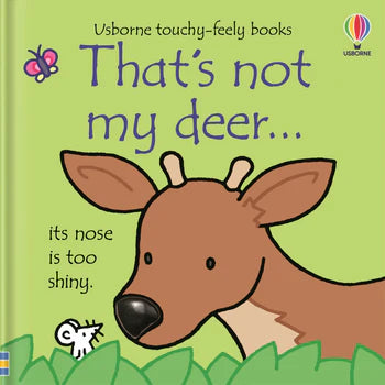 Book cover of 'That's not my deer' with a cartoon deer and green background