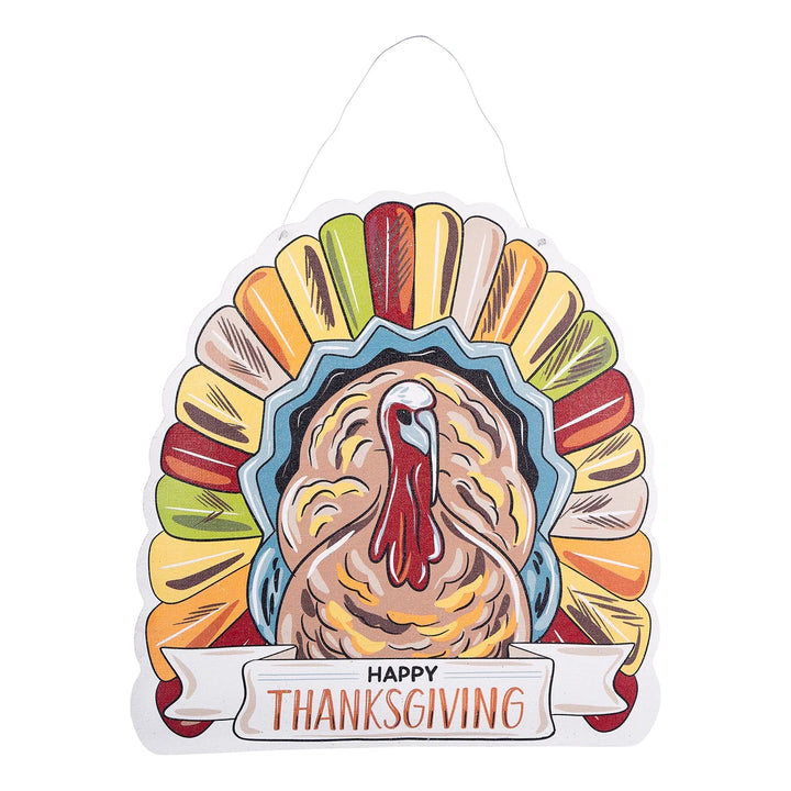 A decorative hanging Thanksgiving sign featuring a stylized turkey face surrounded by colorful autumn leaves in a fan shape, with a banner at the bottom that reads “Happy Thanksgiving.”.