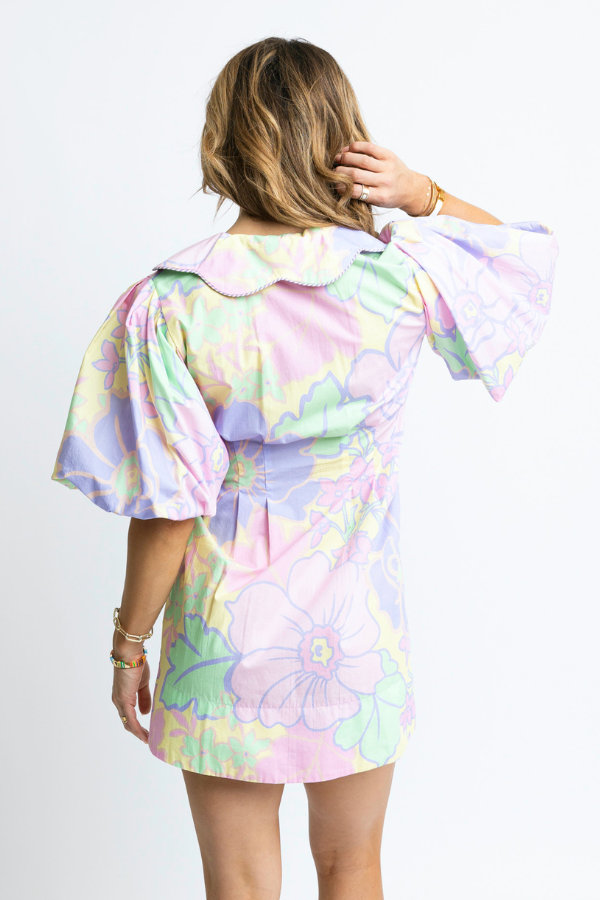 KARLIE: LAVENDER LARGE FLORAL POPLIN PUFF SLEEVE DRESS