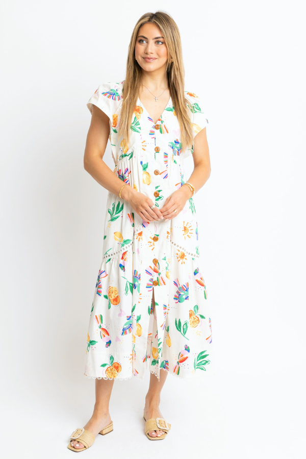 KARLIE: WHITE TOUCAN FRUIT VNECK MAXI DRESS