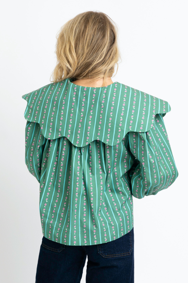 KARLIE: GREEN FLORAL DITSY STRIPE PETER PAN COLLAR TOP
