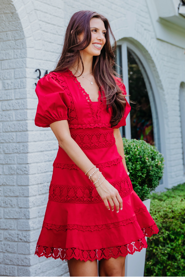 KARLIE: RED LACE TRIM VNECK PUFF SLEEVE DRESS