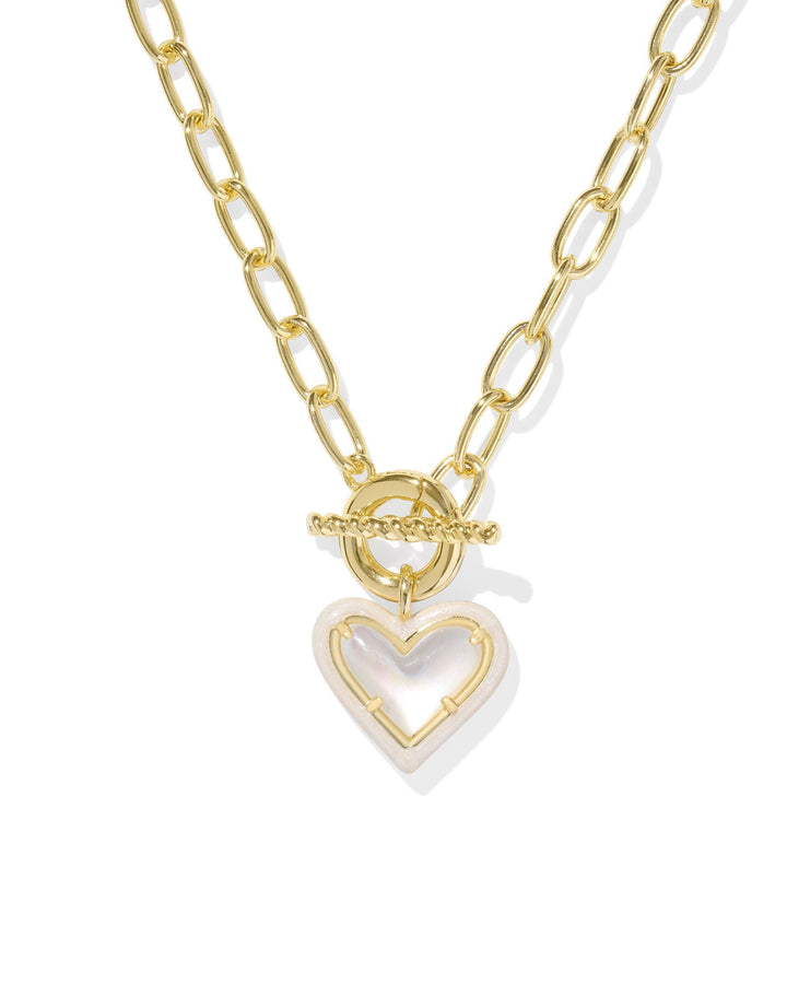 ARI HEART ENAMEL FRAME LINK AND CHAIN NECKLACE, GOLD IVORY MOTHER OF PEARL