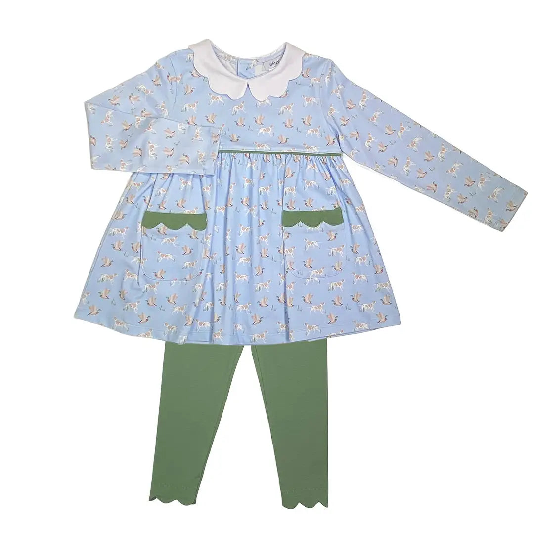 This coordinated set pairs a charming hunting-print tunic with green leggings for a ready-to-wear fall outfit with sporting duck motif