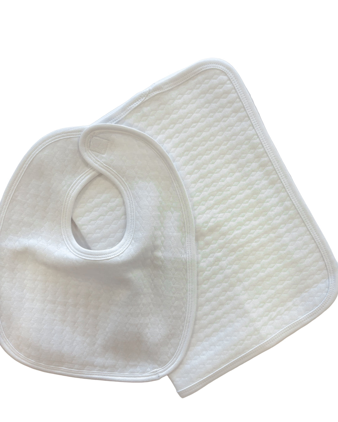White Pearl Diamond Quilted Bib & Burp Cloth Set – Elegant Quilted Baby Gift Set in Pearl White | Walker Boutique