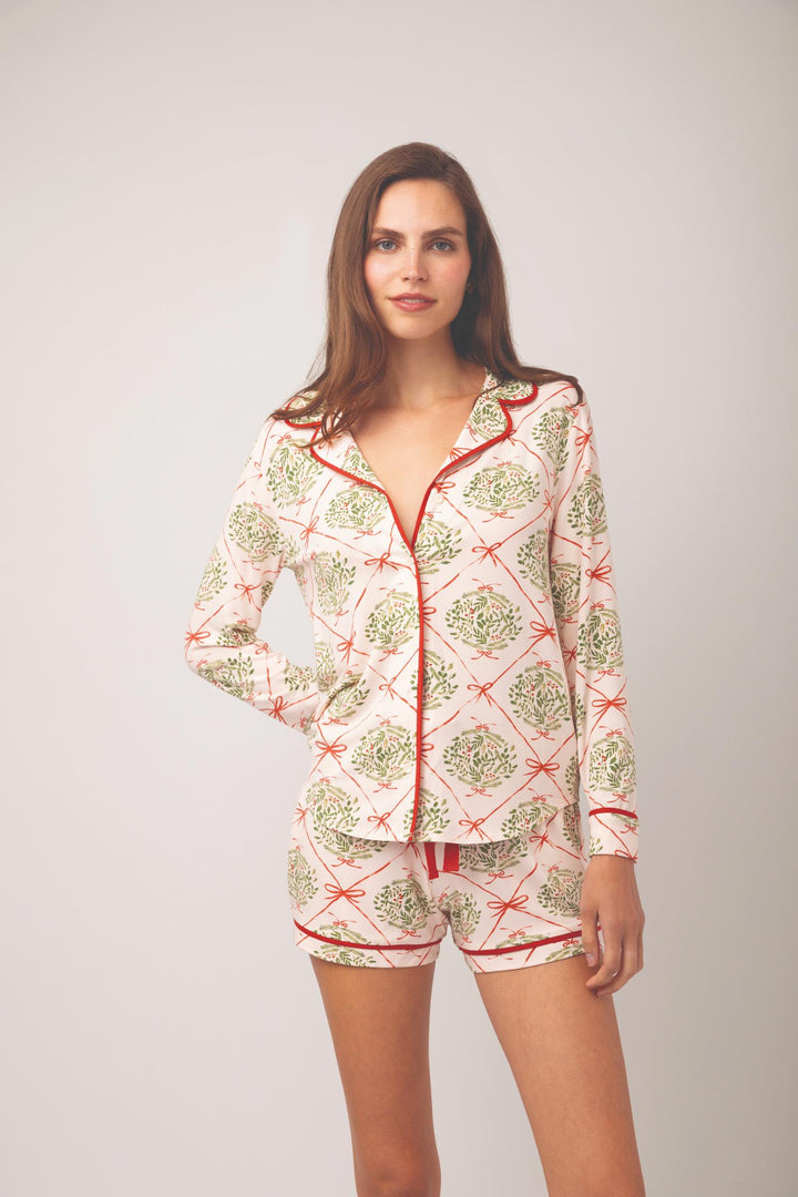 EVERGREEN LATTICE PINK PAJAMA TOP