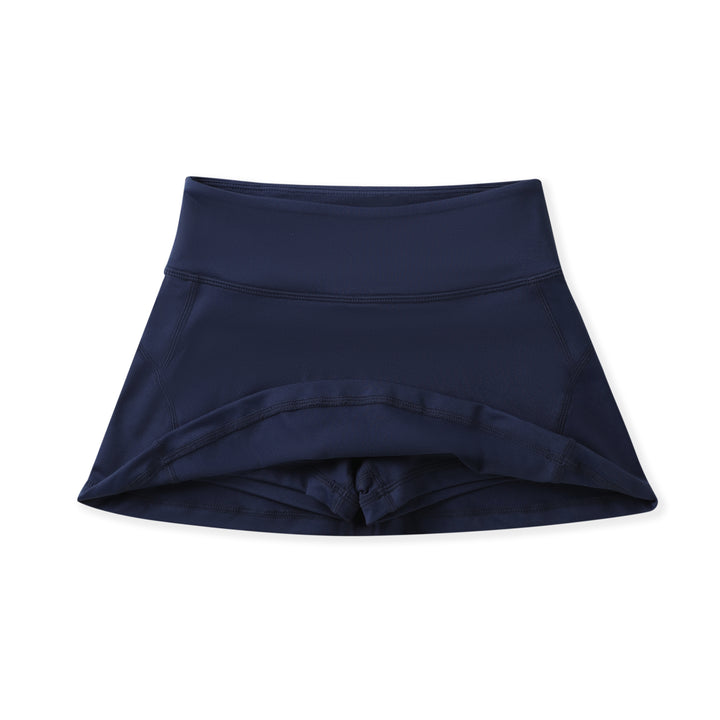 A dark navy blue high-waisted athletic skirt, folded to show the waistband and layered front design, photographed on a clean white background.