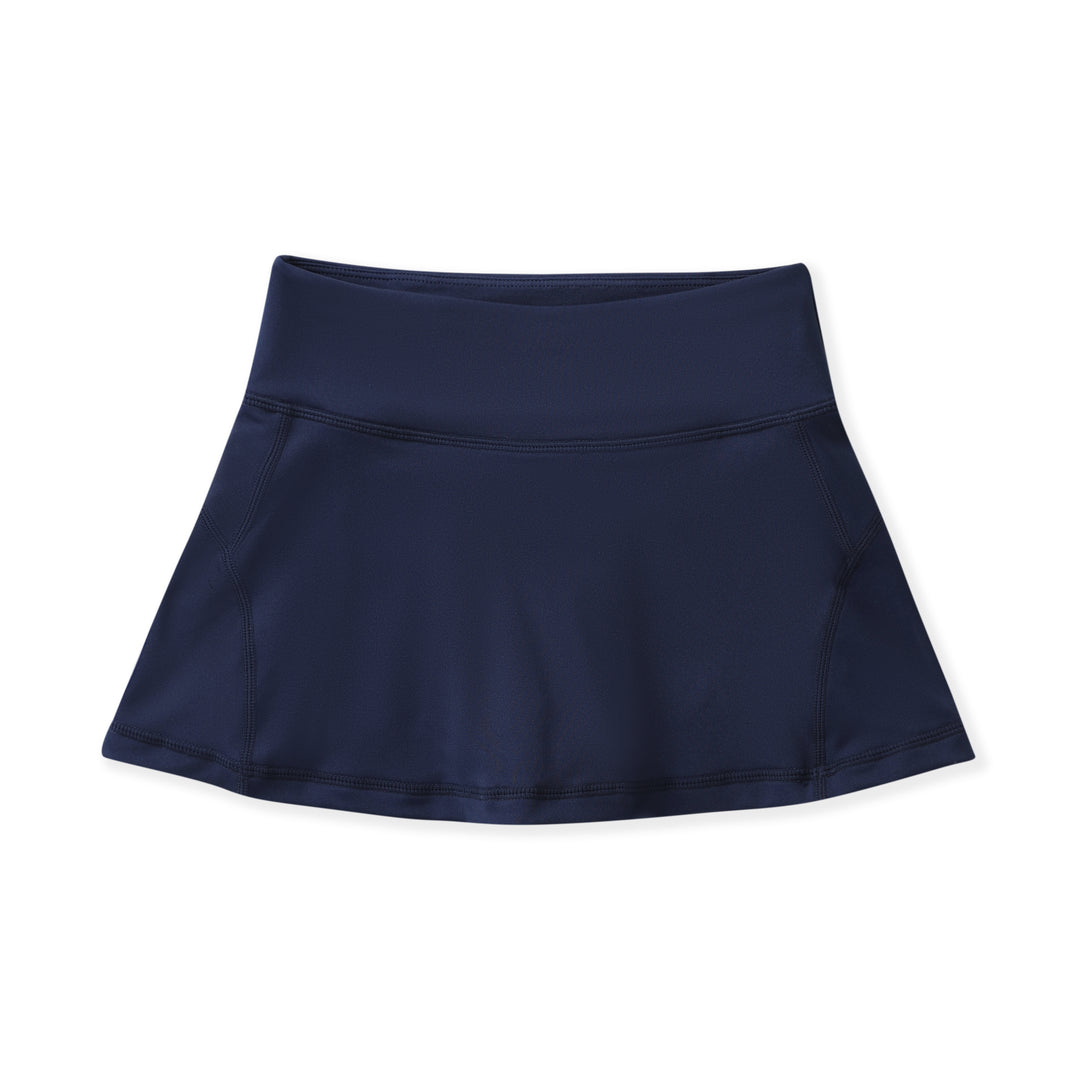 A navy blue athletic skort with a wide elastic waistband, shown flat against a plain white background.