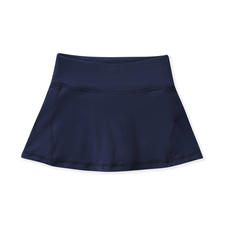 A navy blue athletic skort with a wide elastic waistband, shown flat against a plain white background.