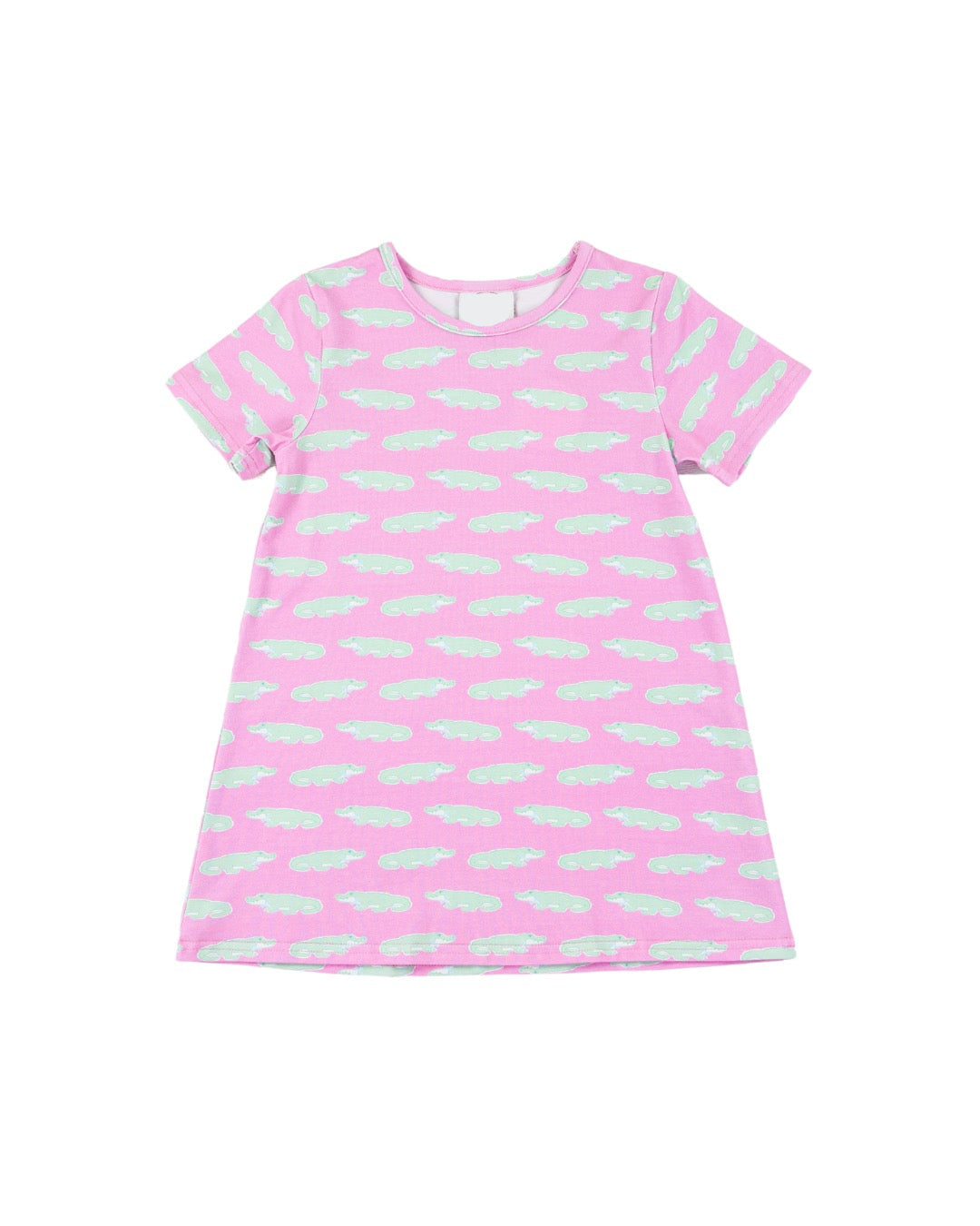 Pink dress with green alligator pattern on a white background