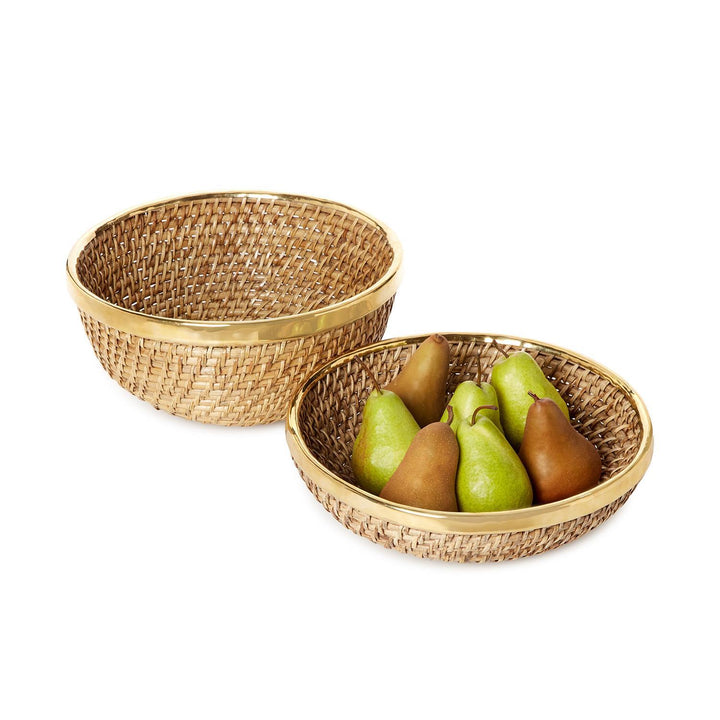 Two woven baskets with pears on a white background