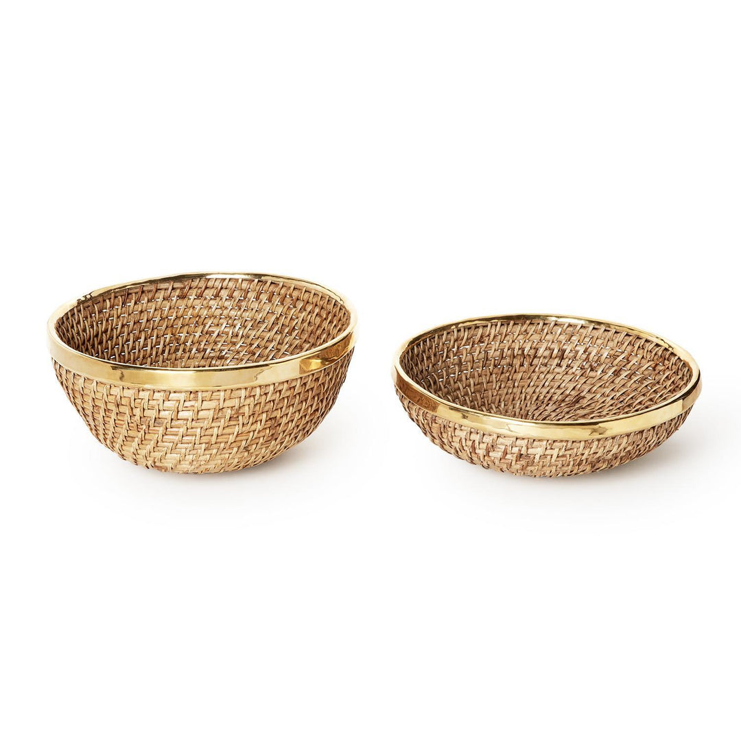 Two woven baskets with gold rims on a white background
