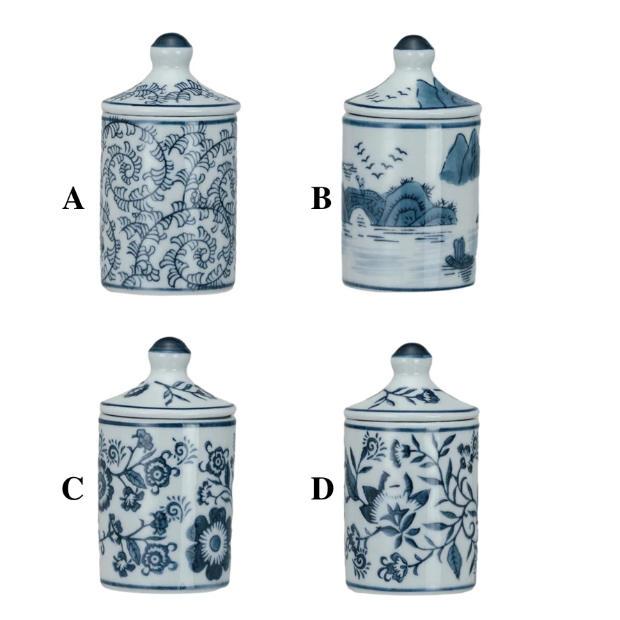 Four blue and white ceramic jars with floral and landscape designs on a white background.