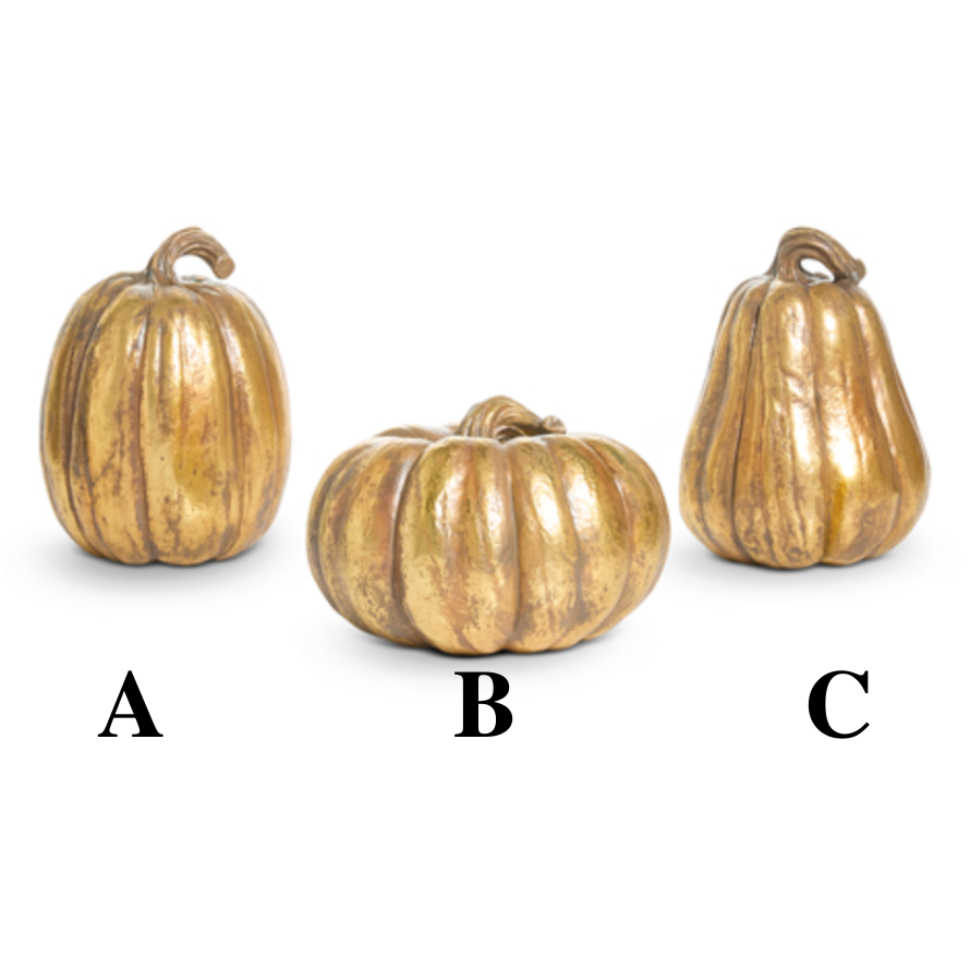 Three decorative pumpkins labeled A, B, and C on a white background