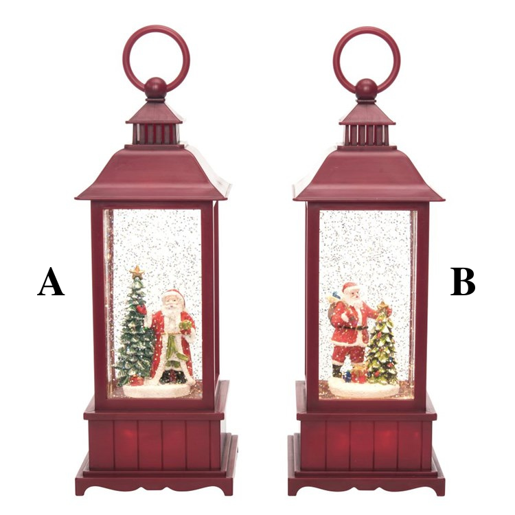 Two red lanterns with Santa Claus and Christmas trees inside on a white background