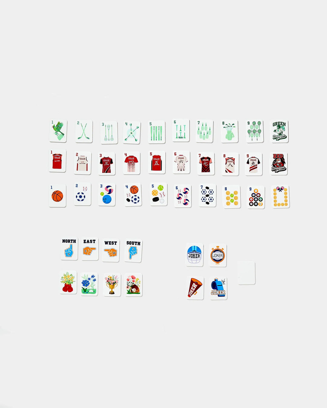 Mini Mahjer sports-themed playing tiles with game, team, flower, wind, dragon, and joker designs. | Walker Boutique
