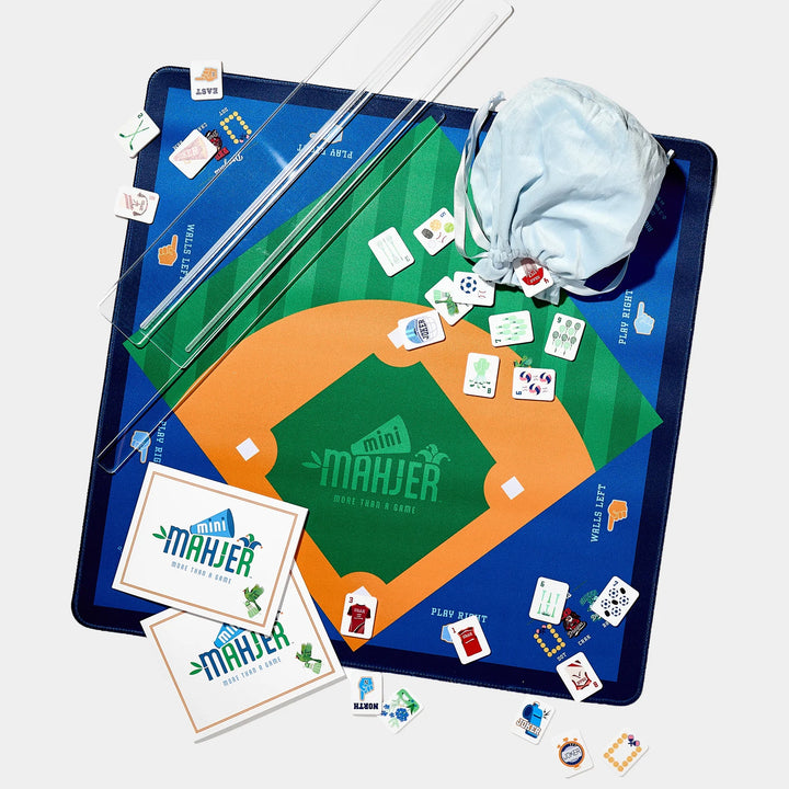 Mini Mahjer baseball-themed game mat with playing tiles, clear racks, scorecards, and storage bag. | Walker Boutique
