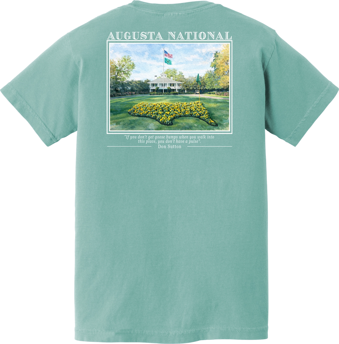 Green t-shirt with Augusta National graphic and text on a white background