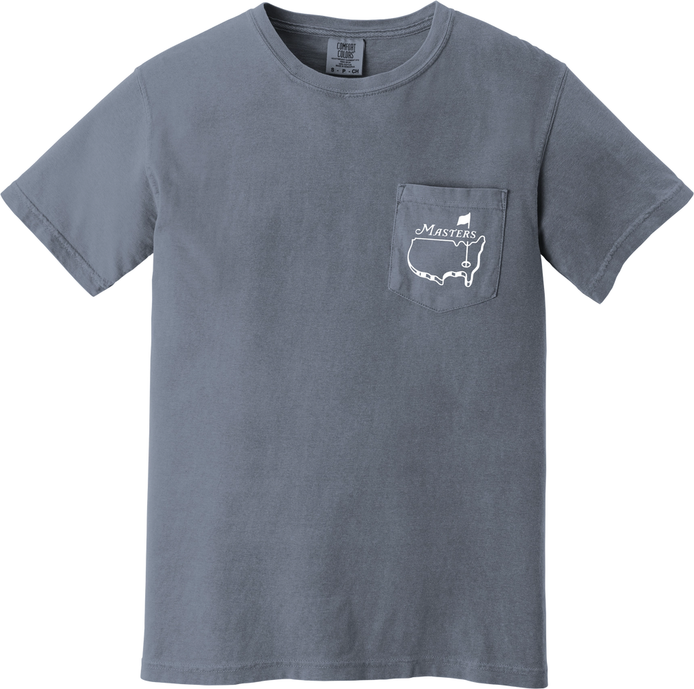 Blue t-shirt with a logo on the chest pocket against a white background