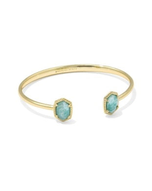 Gold open cuff bracelet with two aqua stone accents on each end| Walker Boutique