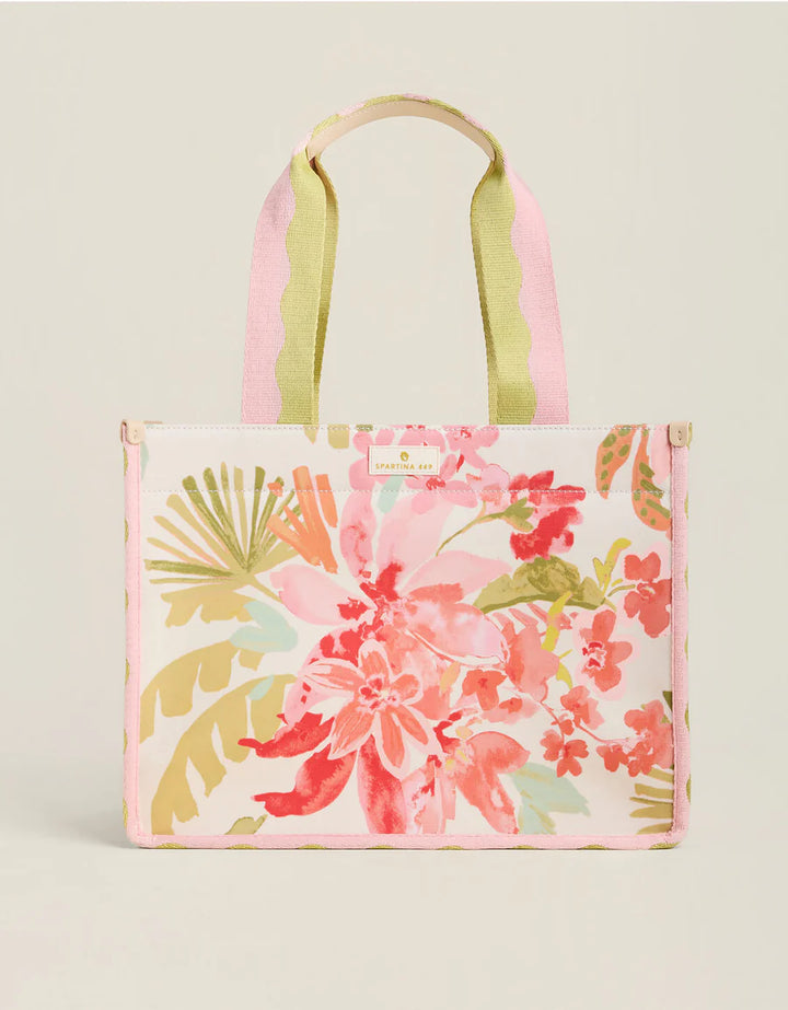 Floral tote bag with pink and green flowers on a beige background