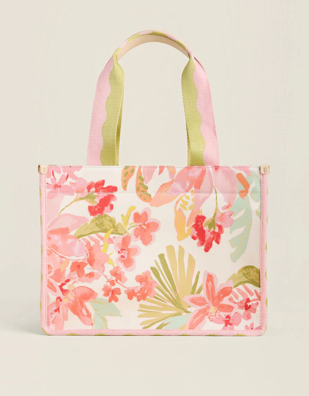 Floral tote bag with pink flowers and green leaves on a light background