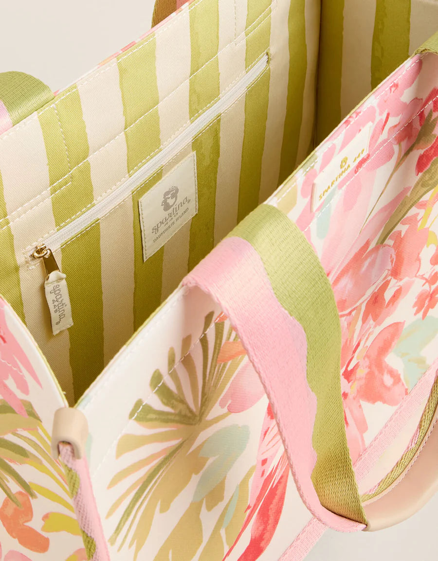 Floral and striped fabric with a brand tag on a light background