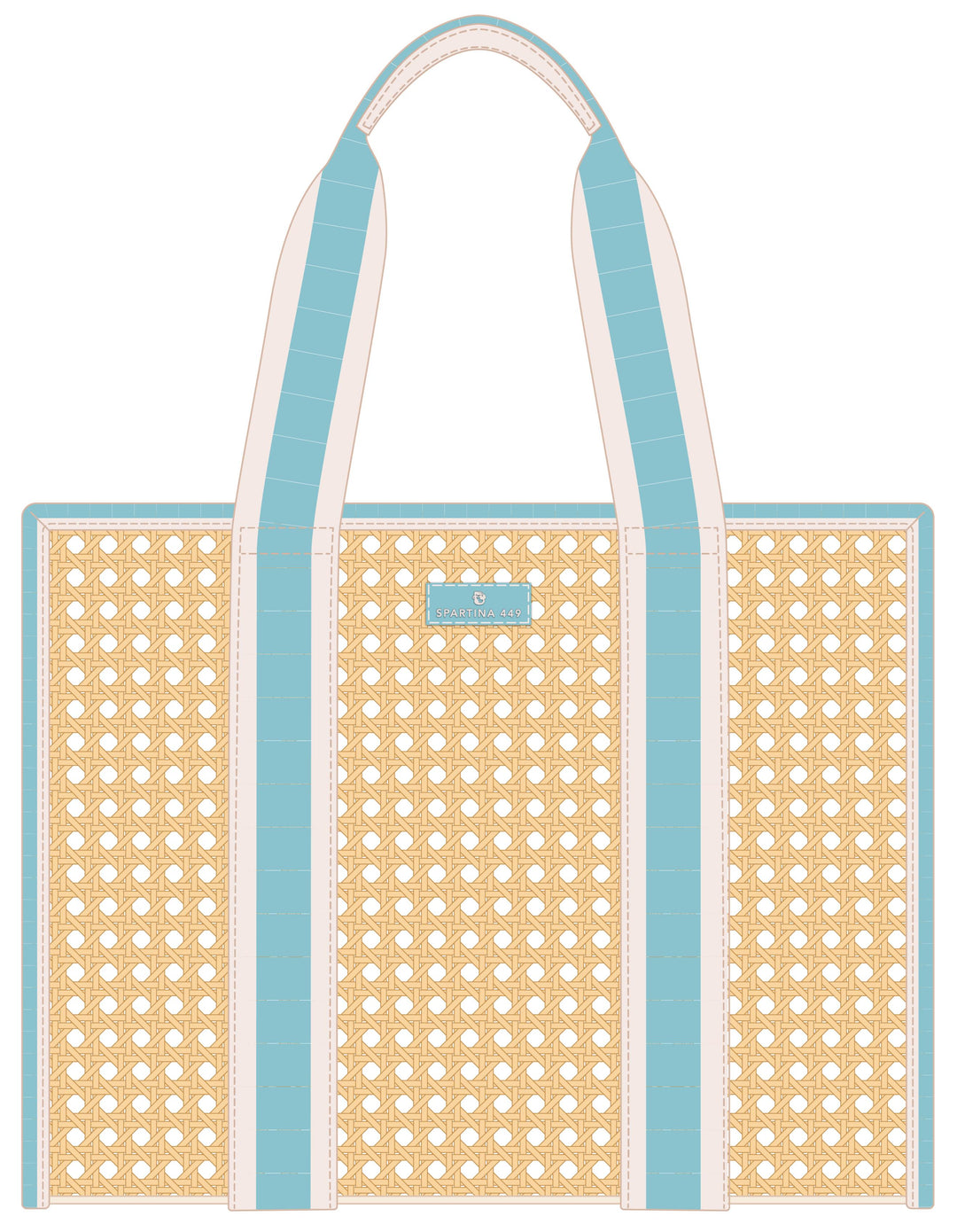 Woven tote bag with blue straps on a white background