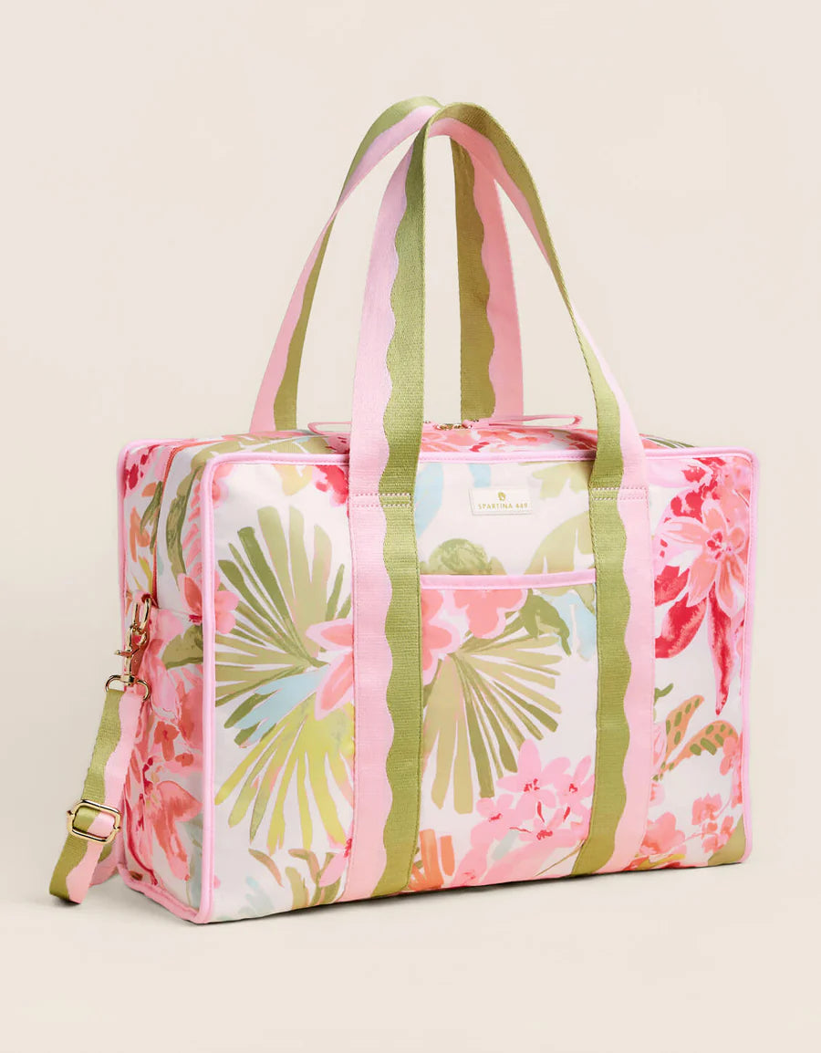 Floral patterned tote bag on a beige background