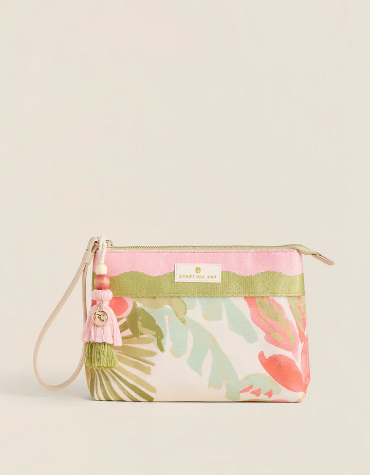 Floral patterned pouch with a strap on a beige background