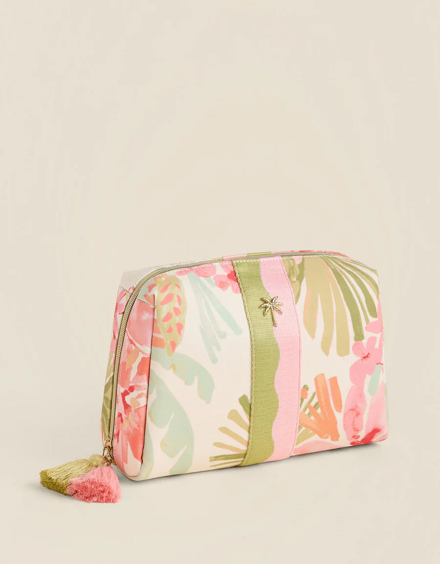 Cosmetic bag with tropical pattern on a beige background