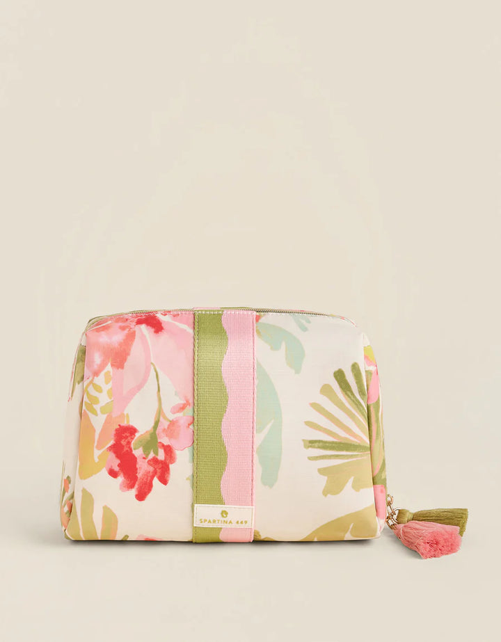 Floral patterned cosmetic bag on a beige background