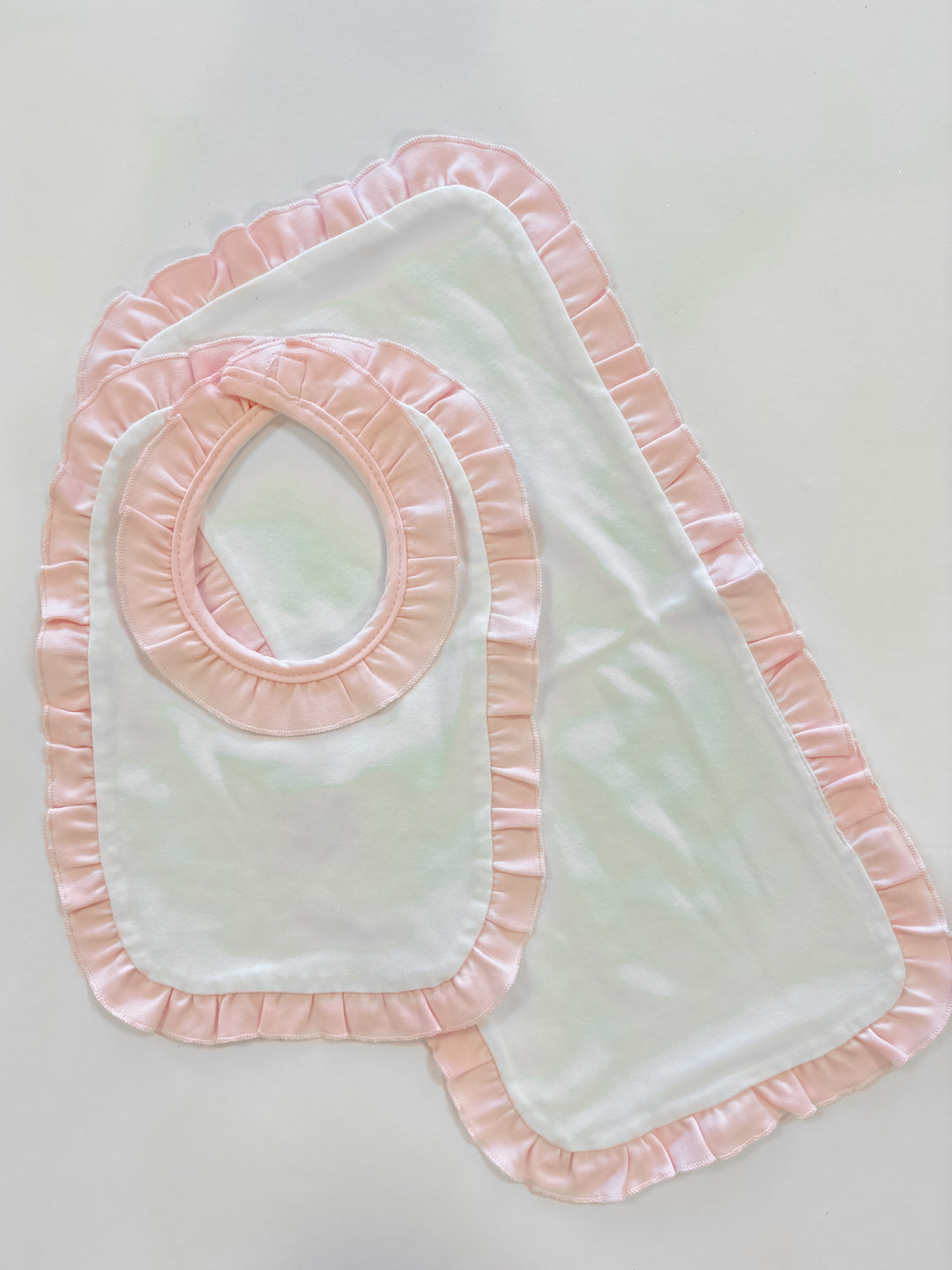 White with Pink Ruffle Bib & Burp Cloth Set – Baby Girl Gift Set with Soft White Fabric and Pink Ruffle Trim | Walker Boutique