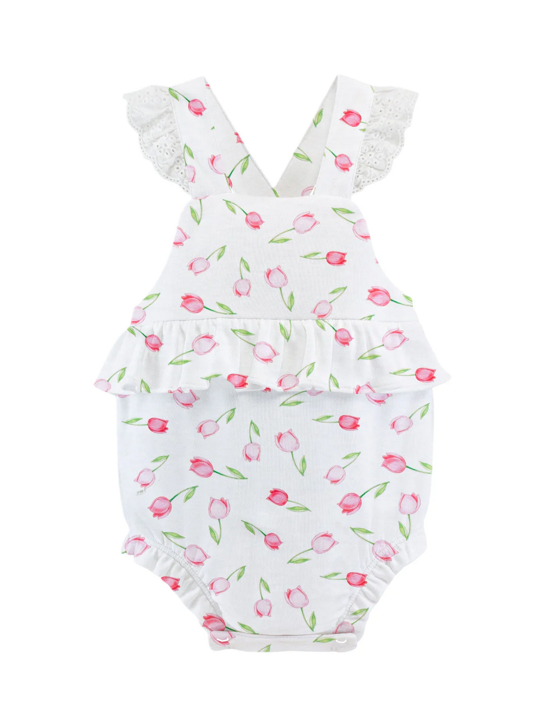 sleeveless baby bubble with pink and red tulips printed all over
