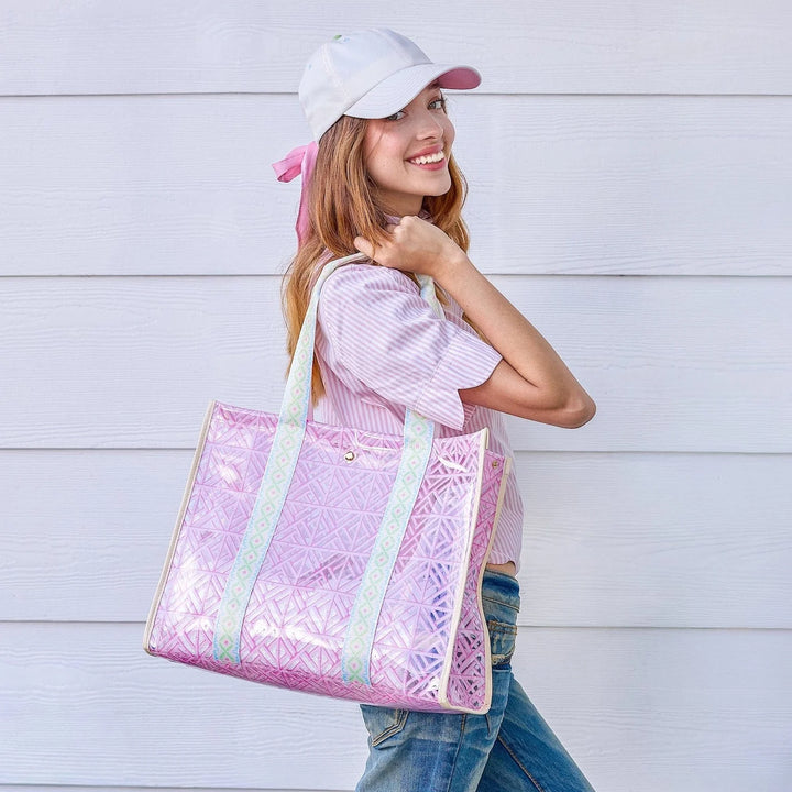PINK GEO TILE CLEAR VINYL TOTE BAG