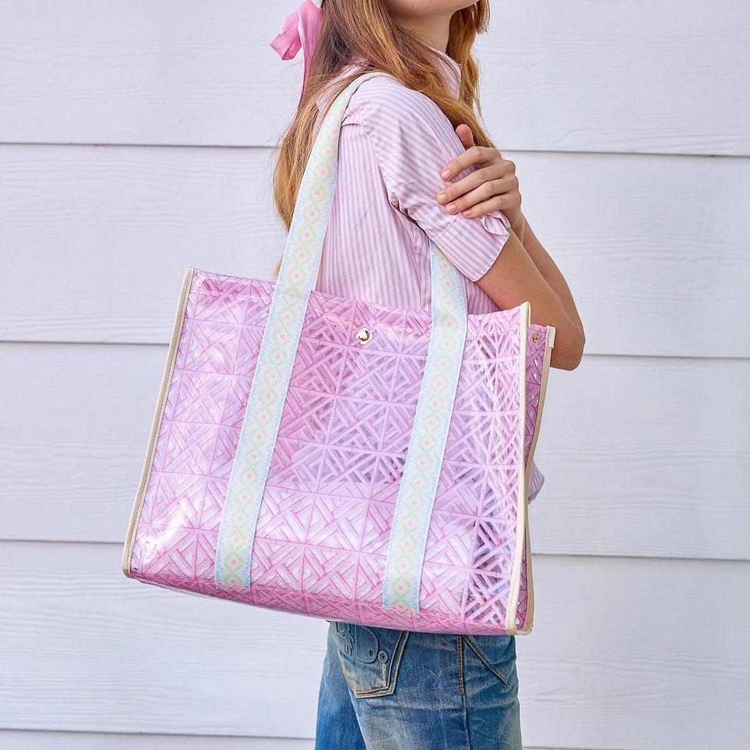 PINK GEO TILE CLEAR VINYL TOTE BAG