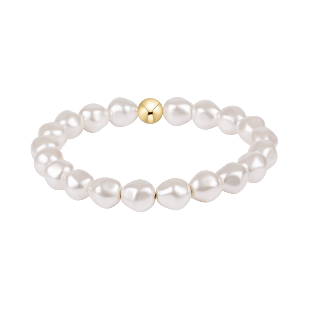Pearl bracelet with a gold bead on a white background