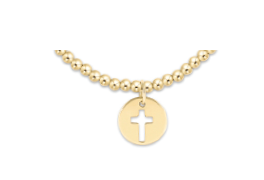 Gold necklace with a round pendant on a white background