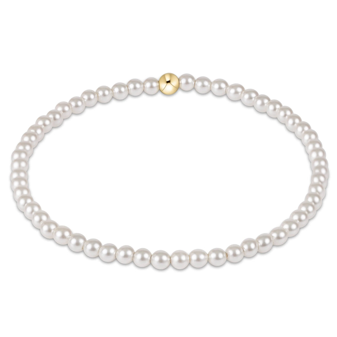 Hand-beaded with 3mm crystal pearl beads with 14kt gold-filled accents and strung on high-performance elastic