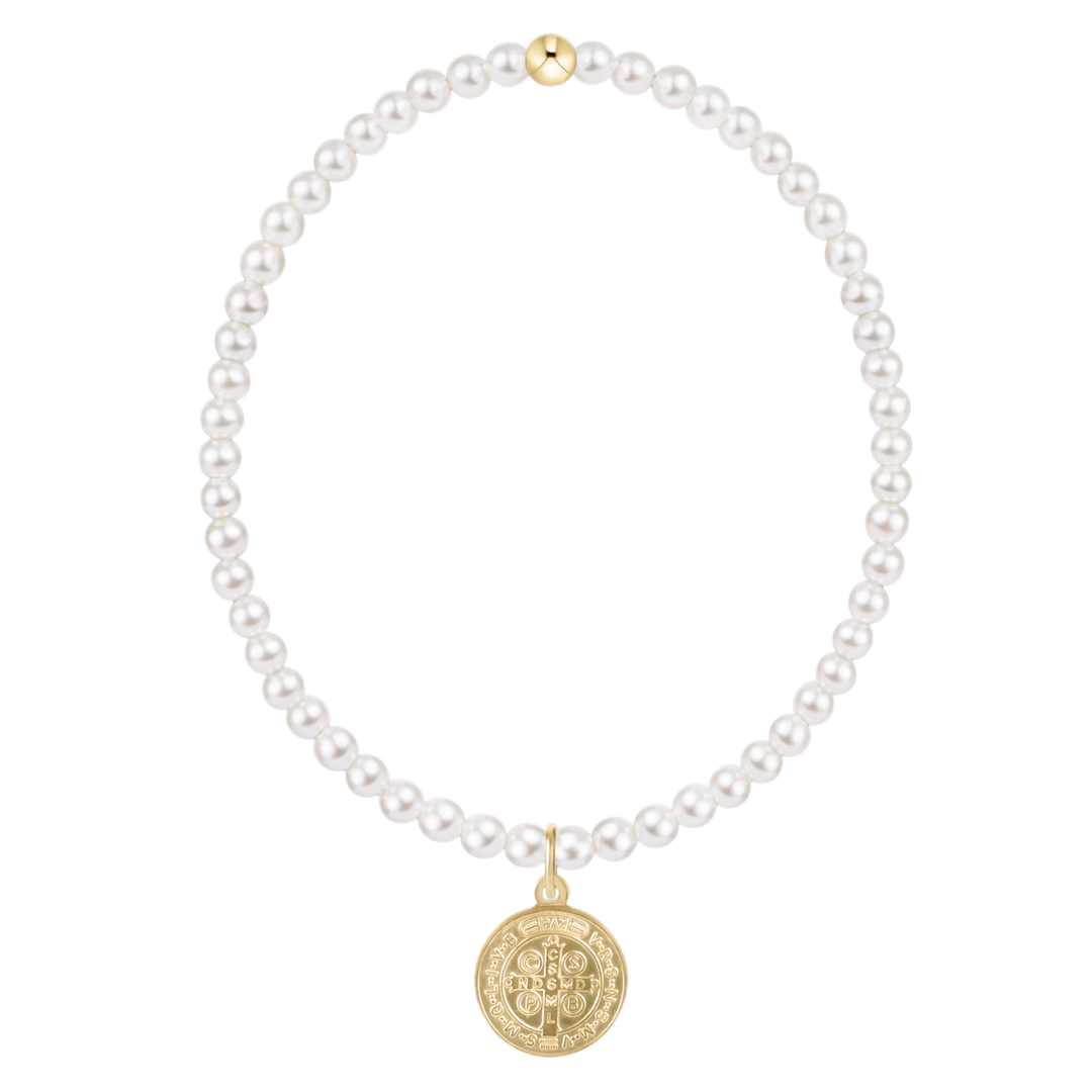 bracelet 3mm pearls, 14kt gold-filled 12mm blessing disc featuring Saint Benedict