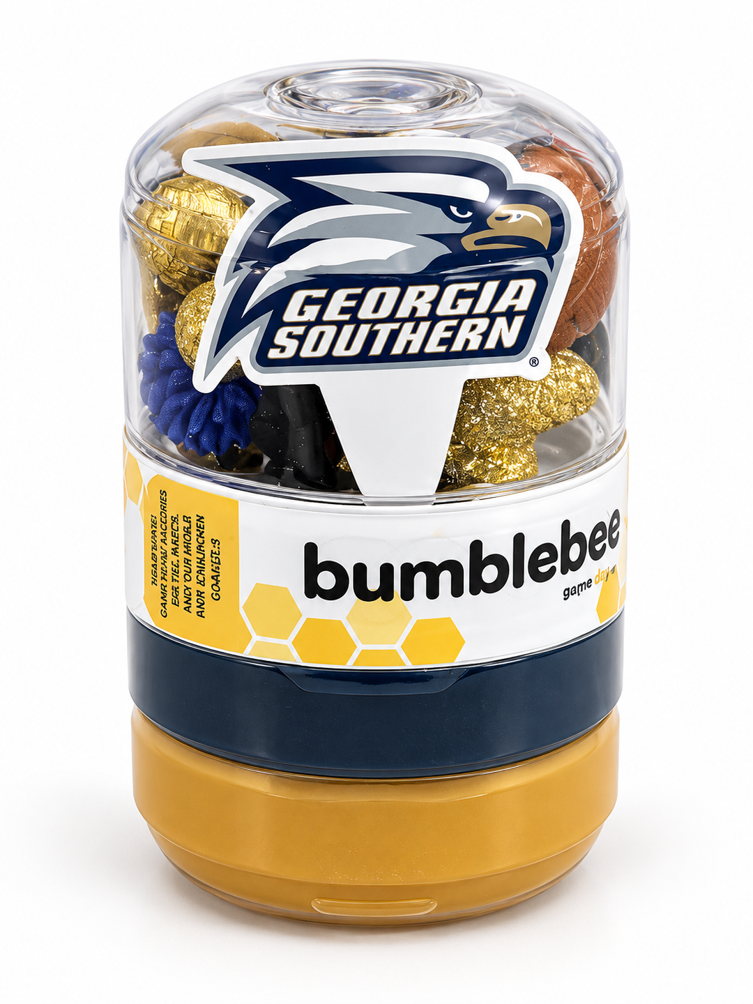 A clear cylindrical container filled with gourmet chocolates, featuring a Georgia Southern Bulldogs logo on the lid and a label that reads 'bumblebee' with yellow honeycomb graphics. The container has a navy blue middle band and a gold-colored base, photographed on a white background.