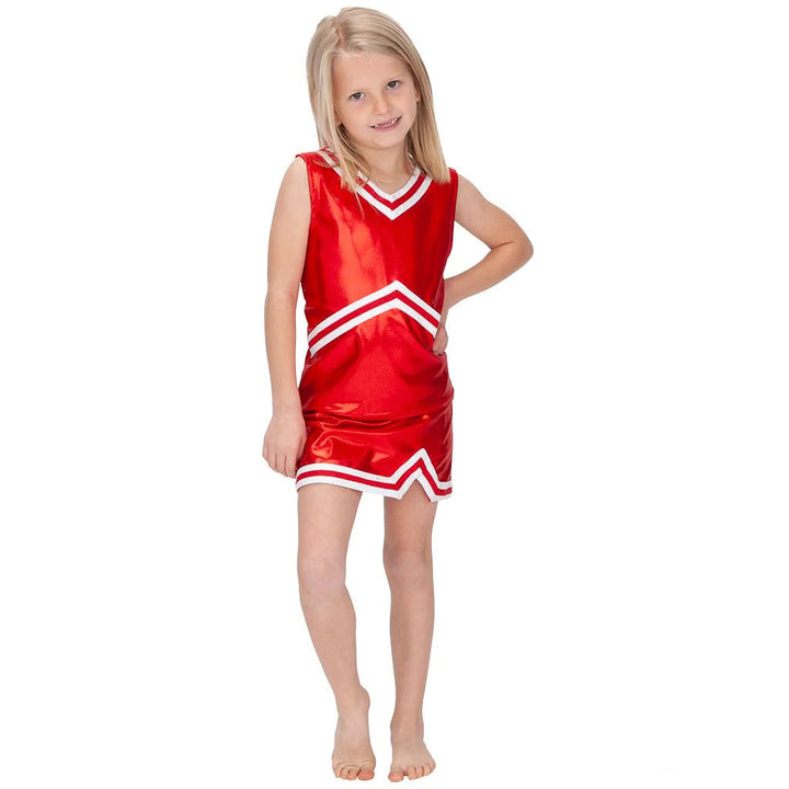 Young girl wearing a red cheerleader outfit with white accents on a white background